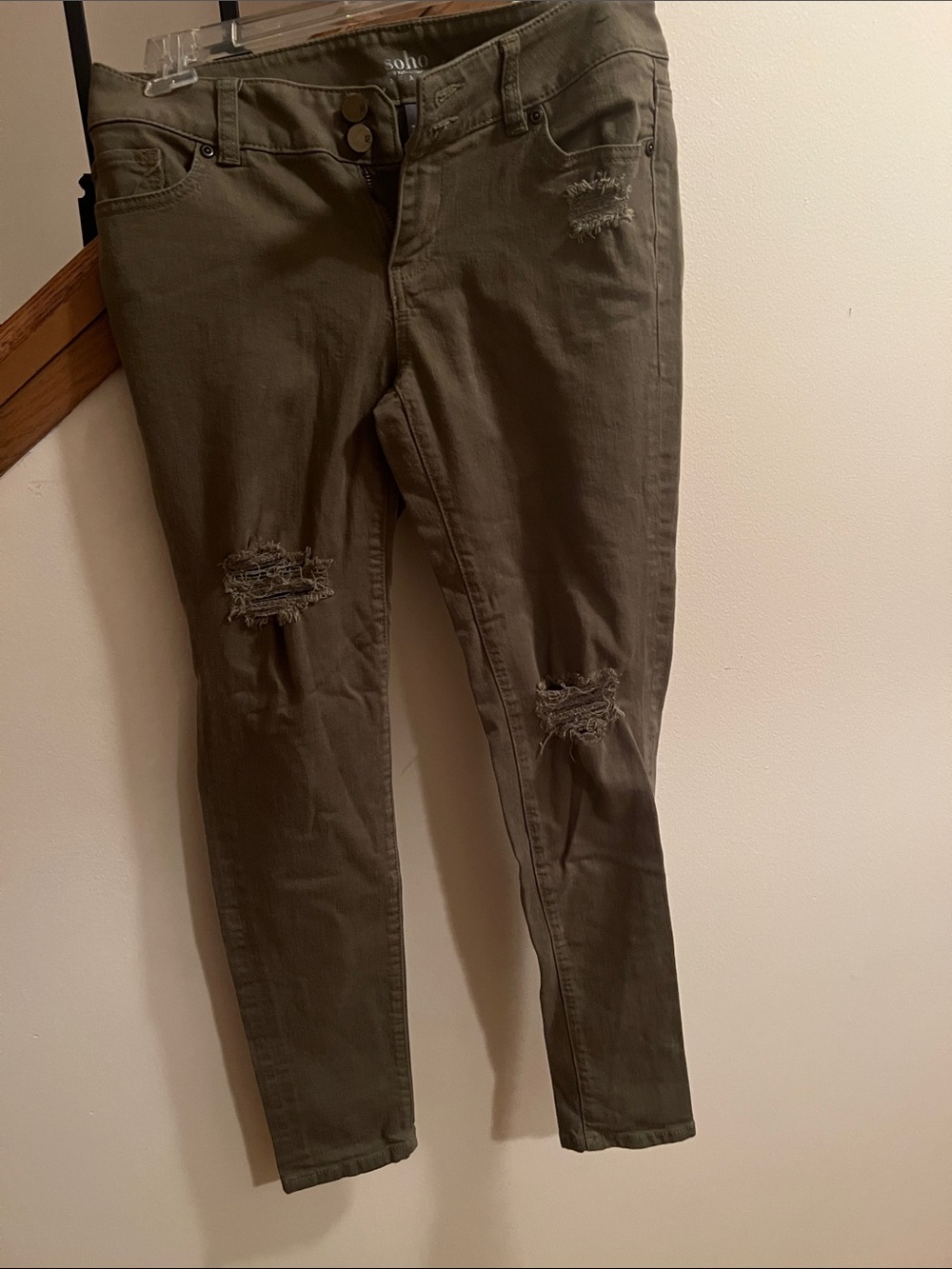 Soho Olive Green Women's Distressed Skinny Jeans
